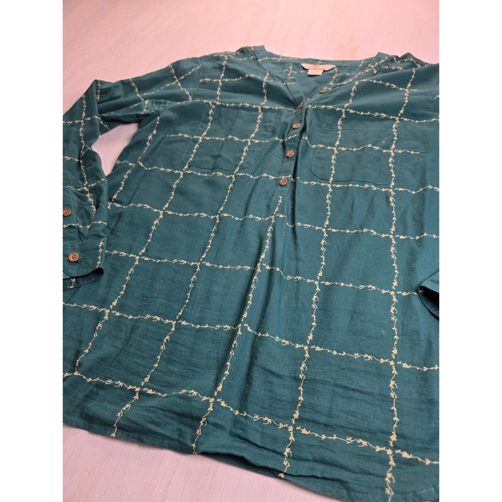 Bob Timberlake Teal Cotton Floral Grid Blouse Boho Western Cottagecore Large